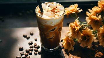 calabaza especia latté, con hielo café antecedentes foto, generativo ai foto