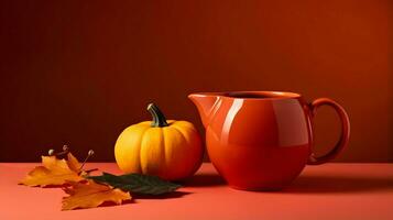 Pumpkin spice cup of tea stock photo, cozy teatime autumn drink, Generative AI photo