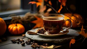 Pumpkin spice cup of tea stock photo, cozy teatime autumn drink, Generative AI photo