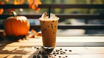 Pumpkin spice latte, iced coffee background photo, Generative AI photo