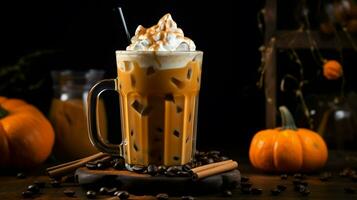 Pumpkin spice latte, iced coffee background photo, Generative AI photo