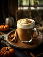 Pumpkin spice latte, iced coffee background photo, Generative AI photo