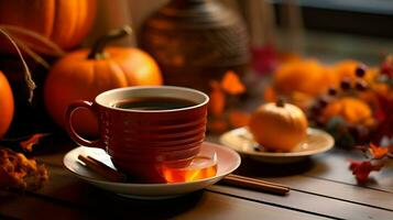 Pumpkin spice cup of tea stock photo, cozy teatime autumn drink, Generative AI photo