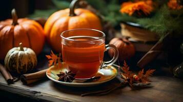 Pumpkin spice cup of tea stock photo, cozy teatime autumn drink, Generative AI photo