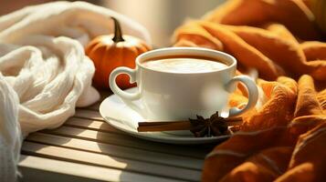 Pumpkin spice cup of tea stock photo, cozy teatime autumn drink, Generative AI photo