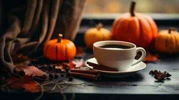 Pumpkin spice cup of tea stock photo, cozy teatime autumn drink, Generative AI photo