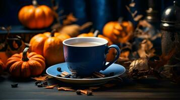 Pumpkin spice cup of tea stock photo, cozy teatime autumn drink, Generative AI photo