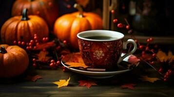 Pumpkin spice cup of tea stock photo, cozy teatime autumn drink, Generative AI photo