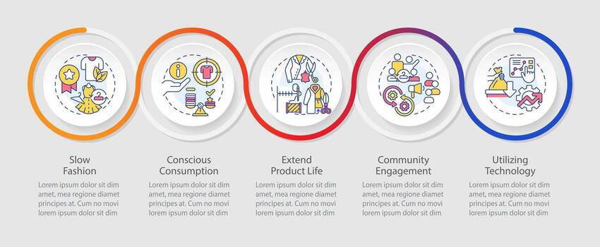 2D sustainable fashion colorful vector infographics template, data visualization with 5 steps, process timeline chart.