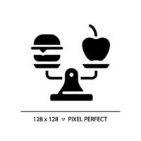 2D pixel perfect silhouette food on weight scale icon, isolated vector, glyph style black illustration representing comparisons vector