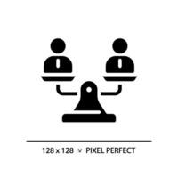 2D pixel perfect silhouette people on weight scale icon, isolated vector, glyph style black illustration representing comparisons vector