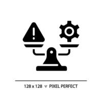 2D pixel perfect silhouette warning and gear on weight scale icon, isolated vector, glyph style black illustration representing comparisons vector