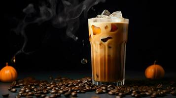 Pumpkin spice latte, iced coffee background photo, Generative AI photo