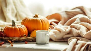 calabaza especia taza de té valores foto, acogedor la hora del té otoño beber, generativo ai foto