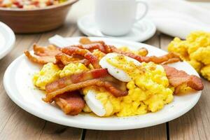 fried bacon and scrambled eggs. AI Generative Pro Photo