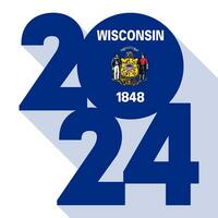 2024 long shadow banner with Wisconsin state flag inside. Vector illustration.