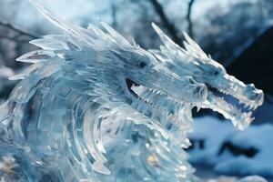 Ice sculptures of dragons at New Years winter festival background with empty space for text photo