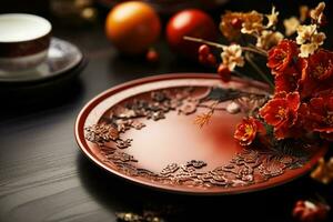 Festive table setting featuring dragon motifs for New Year background with empty space for text photo