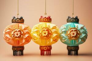 Colorful dragon shaped lanterns celebrating Lunar New Year isolated on a gold gradient background photo