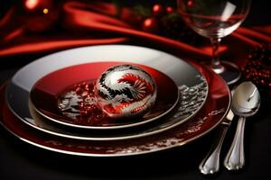 Dragon motif dinnerware for New Years feast isolated on a silver gradient background photo