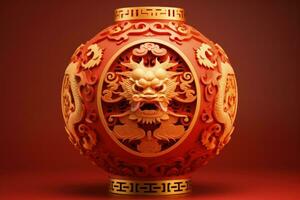 A vibrant dragon themed lantern for Chinese New Year isolated on a red gradient background photo