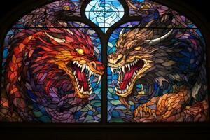 Stained glass art depicting resplendent dragons for New Year church decorations photo