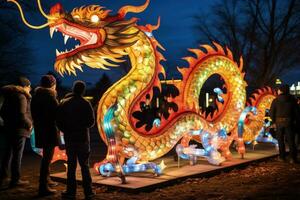 Vibrant dragon lanterns illuminating Lunar New Year festivities photo