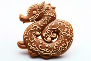 Dragon shaped New Year gingerbread cookie isolated on a white background photo