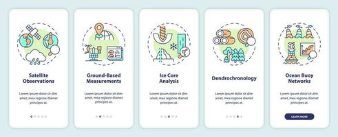 2D icons representing climate metrics mobile app screen set. Walkthrough 5 steps multicolor graphic instructions with line icons concept, UI, UX, GUI template. vector