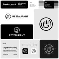 Restaurant monochrome line business logo with brand name. Welcoming hands and plate icon. Creative design element and visual identity. Template with kanit font. Suitable for bar, restaurant. vector