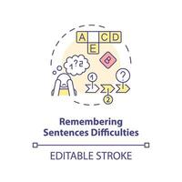 2D editable multicolor icon remembering sentence difficulties concept, simple isolated vector, dyslexia thin line illustration. vector