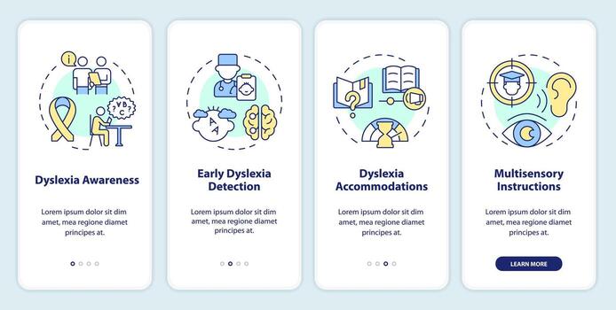 2d íconos representando dislexia móvil aplicación pantalla colocar. recorrido 4 4 pasos multicolor gráfico instrucciones con lineal íconos concepto, ui, ux, gui modelo. vector