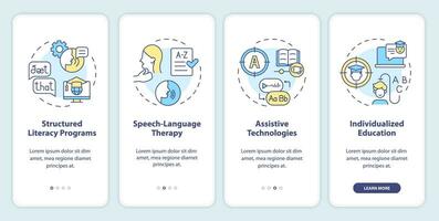 2D multicolor icons representing dyslexia mobile app screen set. Walkthrough 4 steps graphic instructions with thin line icons concept, UI, UX, GUI template. vector