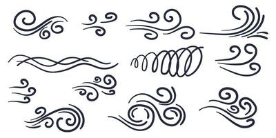 Comics style doodle wind motion collection. Hand drawn vector illustration set