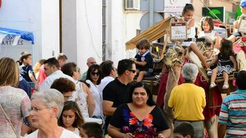 kartama, Spanje, 2018 - kinderen rijden een kameel of dromedaris in een Andalusisch dorp in Spanje video