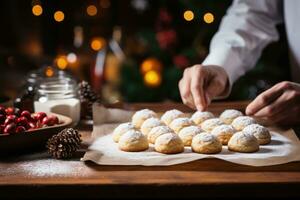 Baker preparing homemade festive treats background with empty space for text photo