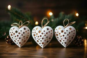 DIY holiday cards spread out on wooden table background with empty space for text photo