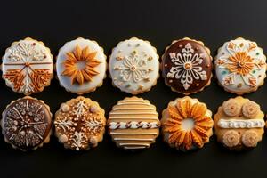 Diverse holiday cookies arranged for gifting isolated on a gradient background photo