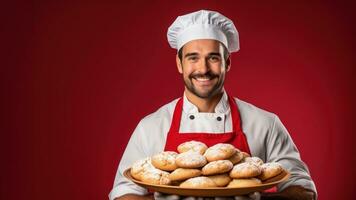 Baker presenting homemade Christmas cookies isolated on a gradient background photo