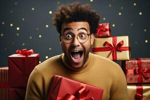 Surprised facial expressions unwrapping holiday gifts background with empty space for text photo