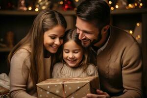 alegre familia desenvolviendo regalos juntos antecedentes con vacío espacio para texto foto