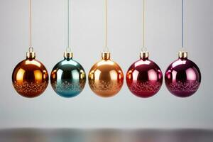 Assortment of colorful Christmas tree ornaments isolated on a gradient background photo