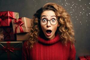 Surprised facial expressions unwrapping holiday gifts background with empty space for text photo