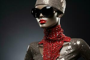 Mannequin adorned in sparkling holiday attire isolated on a gradient background photo