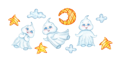 Set of watercolor illustrations of three little cute ghosts, moon, star, cloud. Halloween spirit isolated. Design concept for poster, card, banner, clothing, wallpaper, wrapping paper, packaging, png