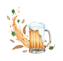 Watercolor illustration of a glass mug with beer foam and splashes of hops and wheat. Vintage cup for beer or wine. Oktoberfest festival isolated. Compositions for posters, cards, banners, flyers, png