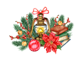 Watercolor illustration of a retro lantern with books, fir branches, poinsettia, red berries on the branches, bells and a toy ball. Isolated. Composition for the design of souvenirs, cards, posters, png