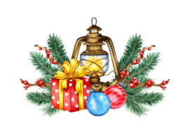 aquarelle illustration de une rétro lanterne avec sapin branches, rouge baies sur le branches, Noël des balles, cadeau. isolé. composition pour souvenir décoration png