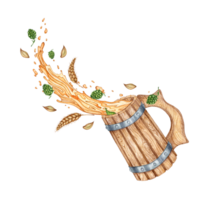 Watercolor illustration of an old wooden mug with beer foam splashes of hops and wheat. Vintage cup for beer or wine. Oktoberfest festival isolated. Compositions for posters, cards, banners, flyers, png