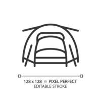 2D pixel perfect black tent icon, isolated vector, editable hiking gear thin line illustration. vector